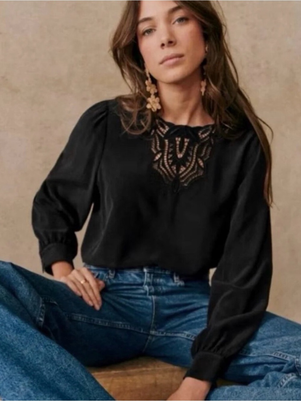 Sezane Black Long-Sleeve Crochet-Yoke Blouse